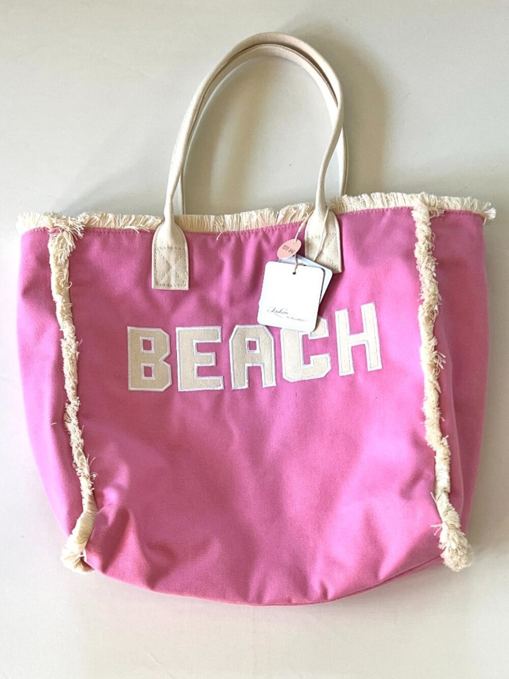 NWT Fashion by Mirabeau Pink BEACH Letter Frayed Edge Trim Summer Tote Bag